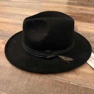 Jessica Simpson Wide Brim Wool Felt Fedora Hat Black Feather Accent Women's OS